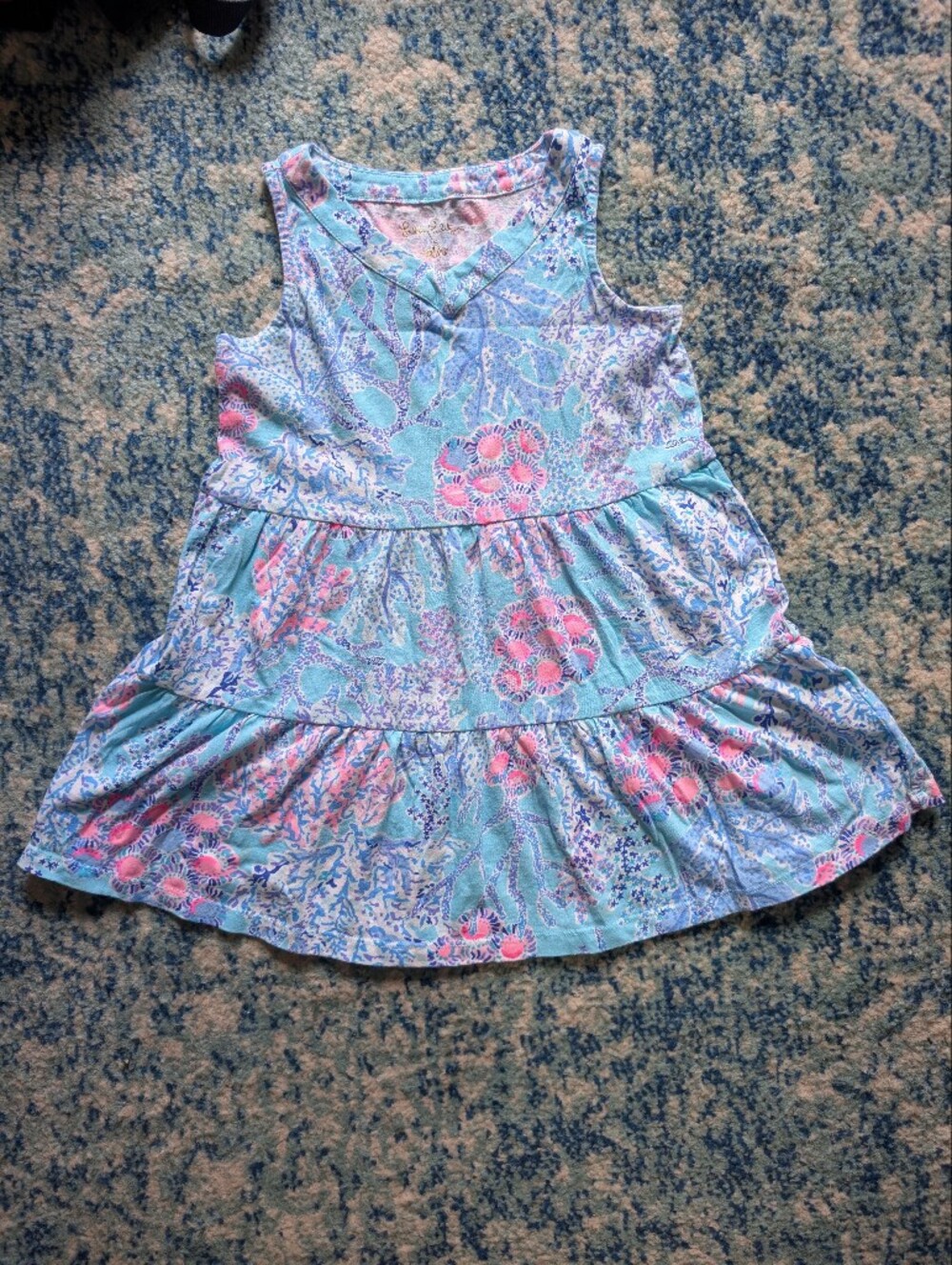 Kids Lilly Pulitzer Mini Lorina Dress in the "Blue Ibiza Now You Sea Me" Print